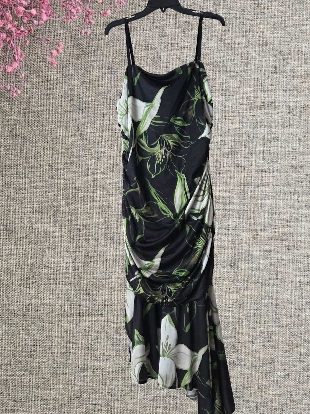 Siena Studio Black Floral Asymmetrical Slip Dress with Green‎ & White Lily Print